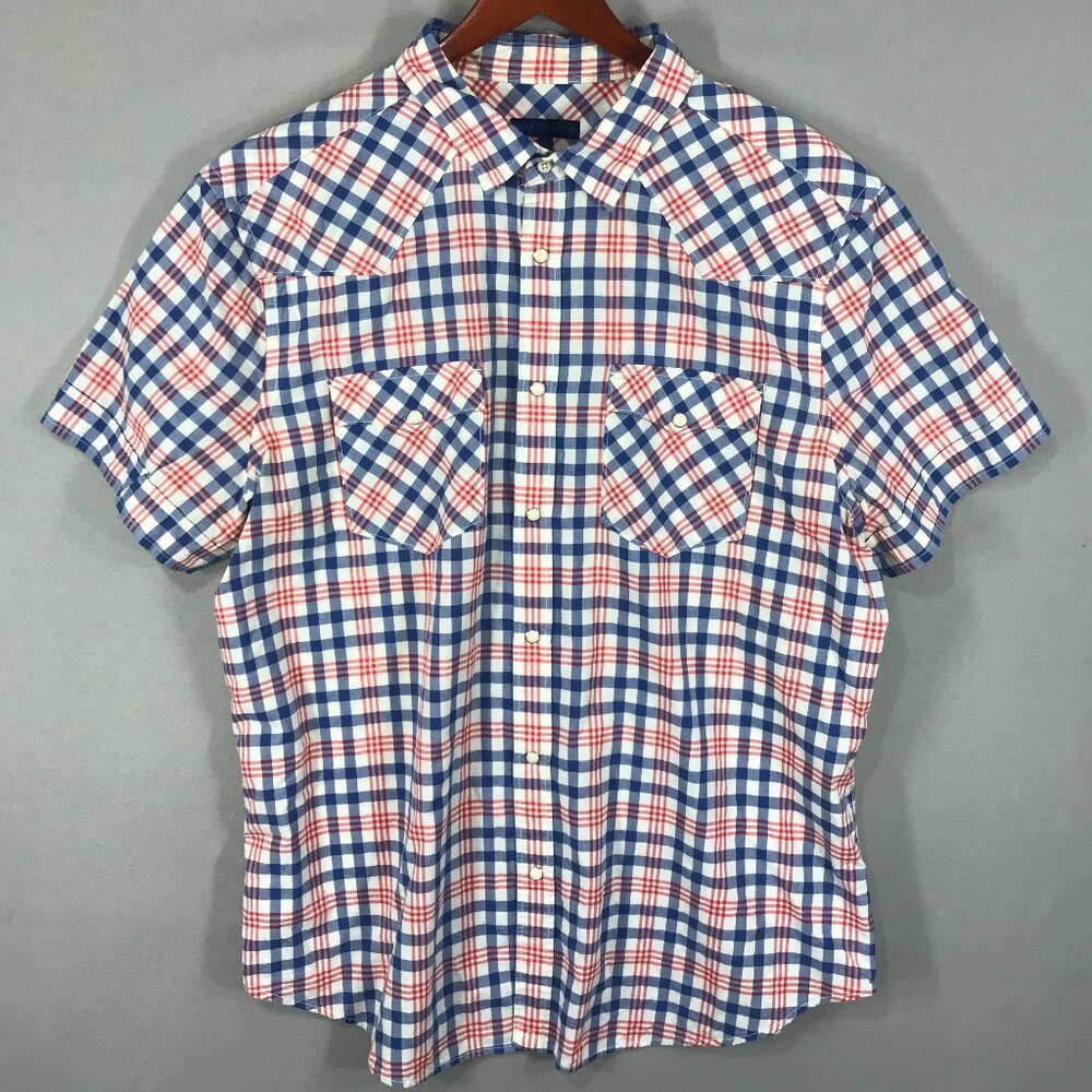 Martin + OSA Shirt Mens XL Red White Blue Plaid Button Snap Short Sleeve Pockets